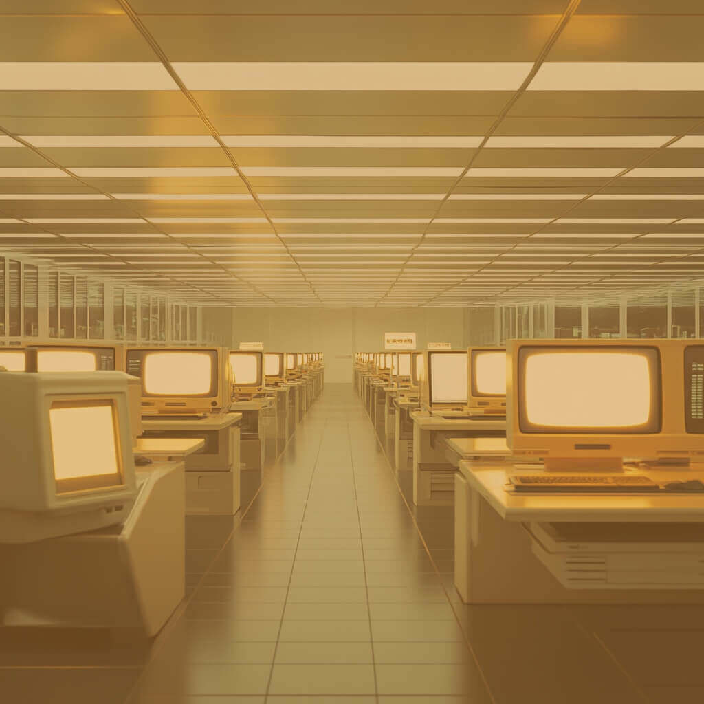 The view down a walkway between dozens of desks, each desk containing a 1980s-style computer terminal with a white screen.