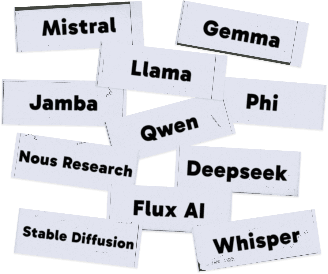 A variety of label stickers with the names of LLM models printed on them, including Mistral, Gemma, Llama, Phi, Qwen, Deepseek, and others.